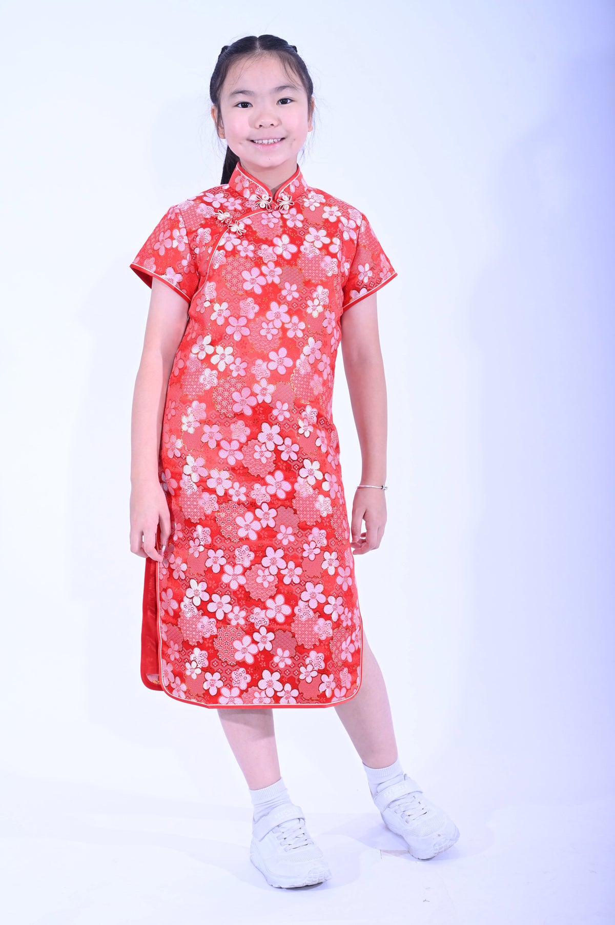 Line & Cur女童大紅蜂巢花花短袖旗袍YC1142-3