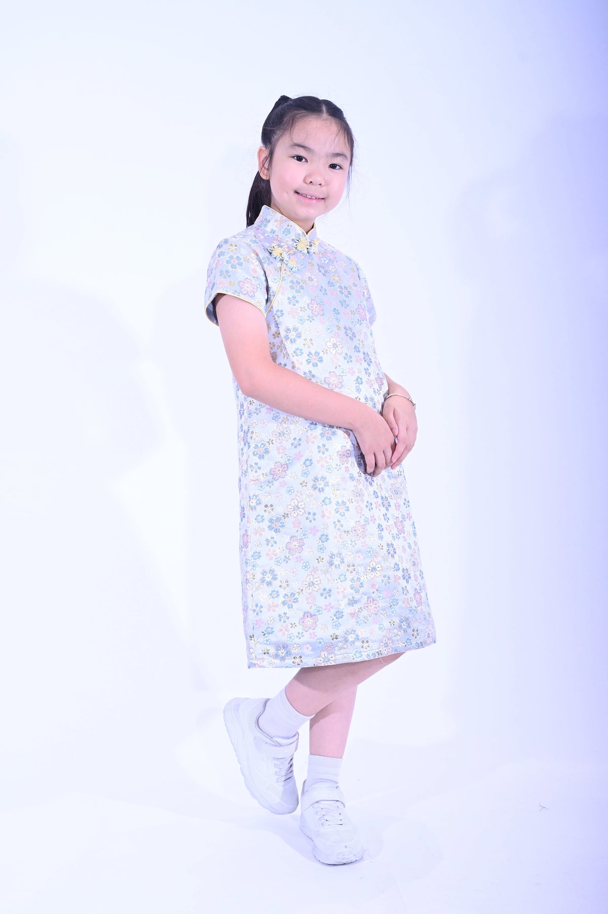 YUEHWA粉藍底櫻花短袖A型裙YC1160-4