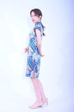 Line & Curve 真絲幾何花小蓋袖中長旗袍92405