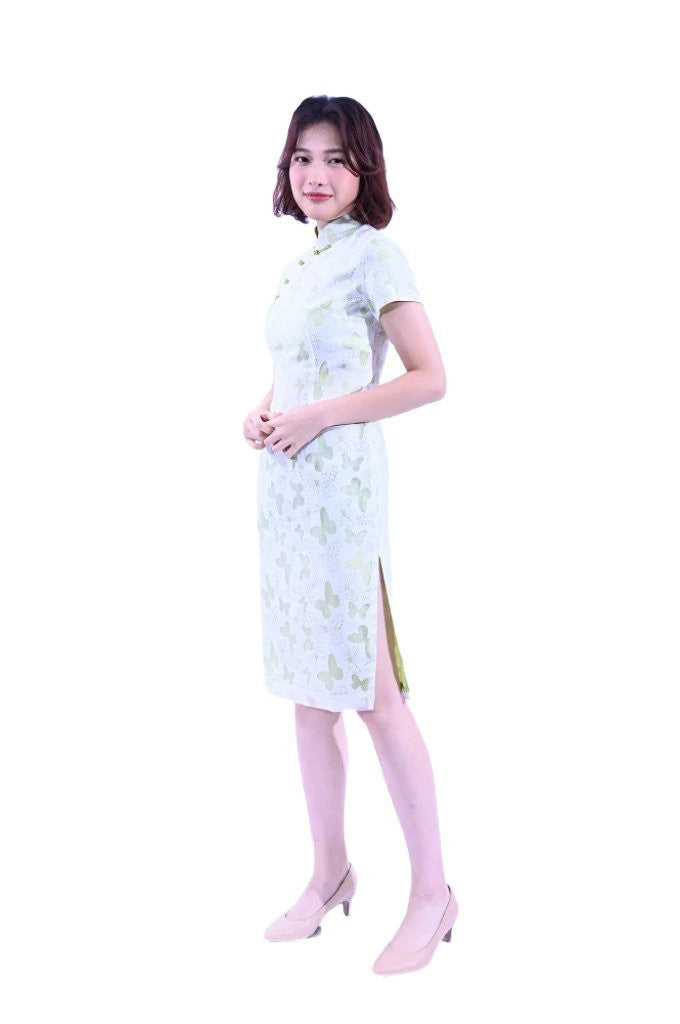 白色蝴蝶拼翠綠短袖旗袍 91998AB-7703