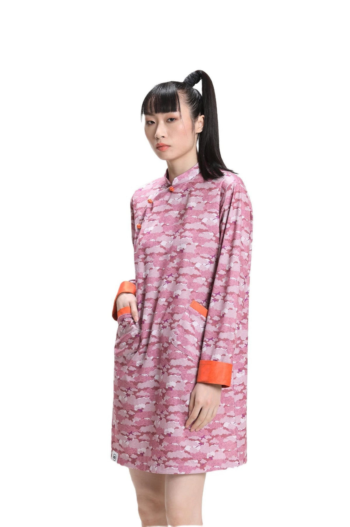 粉紅祥雲印花女裝長袖寬鬆長衫